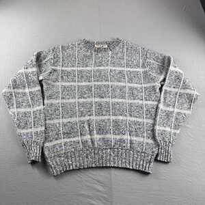Vintage Winona Knits Sweater Mens XLT Gray Check Sweatshirt Made in USA Grandpa